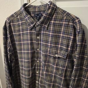 Gap Mens XXL Classic Fit Plaid Button Down Shirt Olive Green Navy Long Sleeve